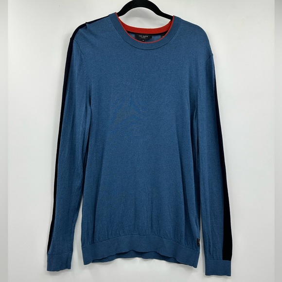 TED BAKER Mid-Blue Noirmon Crew Striped Jumper Wool/Cashmere Blend - Picture 5 of 13